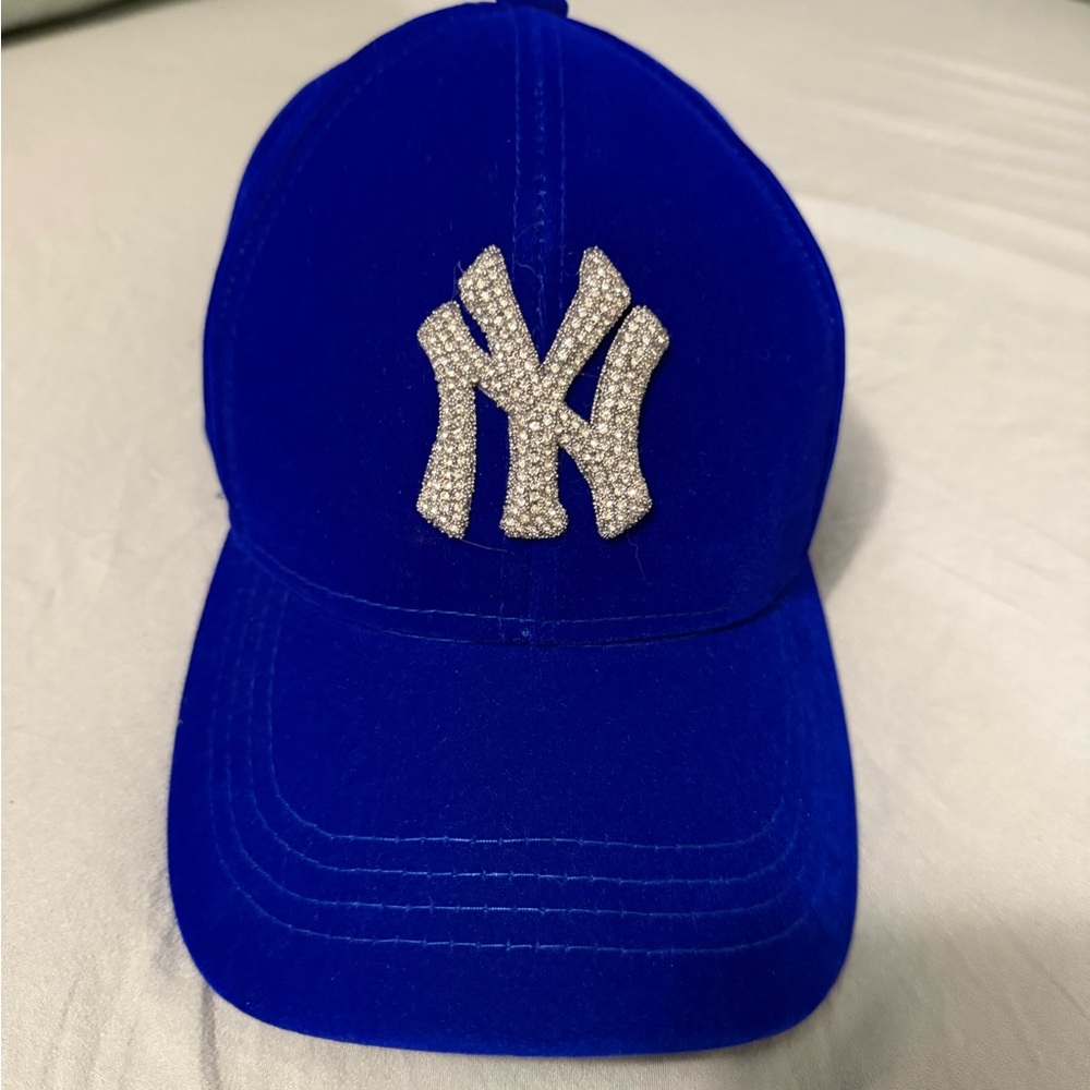 Royal Blue NY Yankee Logo Velvet Cap with Silver Bling Logo